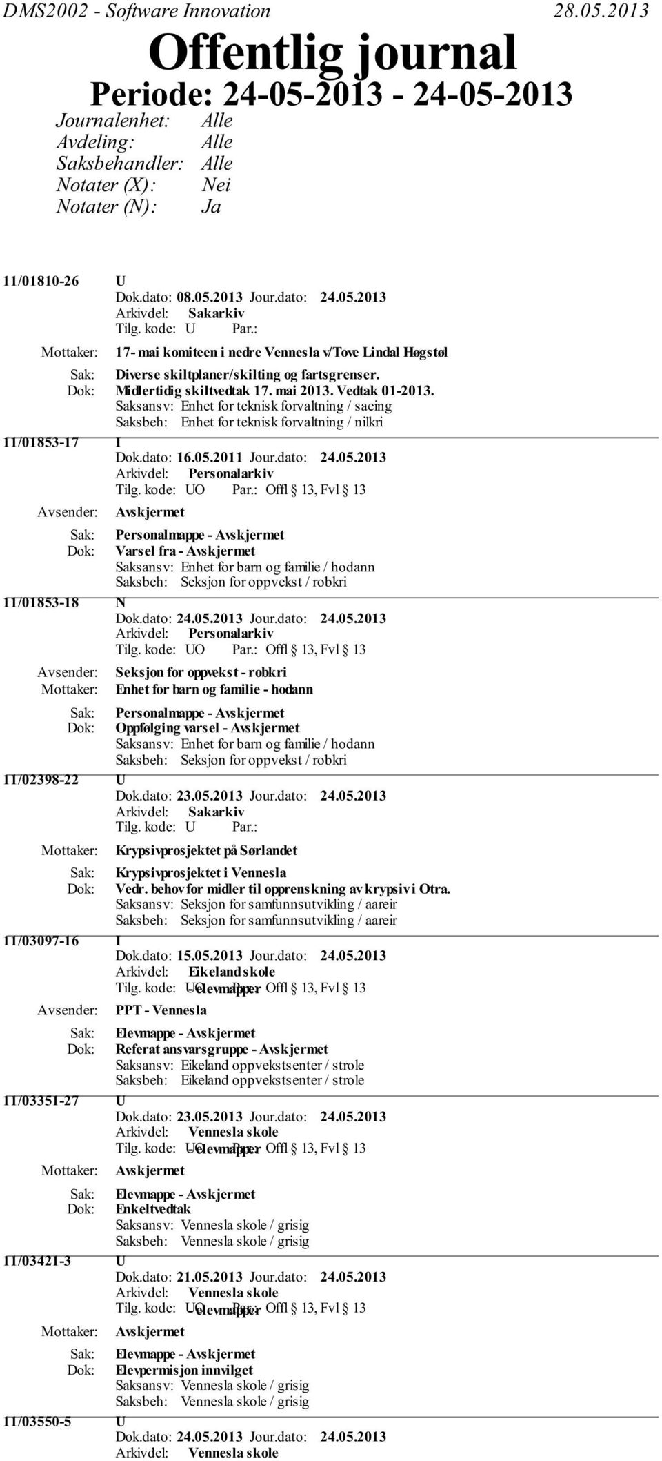 Saksansv: Enhet for teknisk forvaltning / saeing Saksbeh: Enhet for teknisk forvaltning / nilkri 11/01853-17 I Dok.dato: 16.05.2011 Jour.dato: 24.05.2013 Tilg.