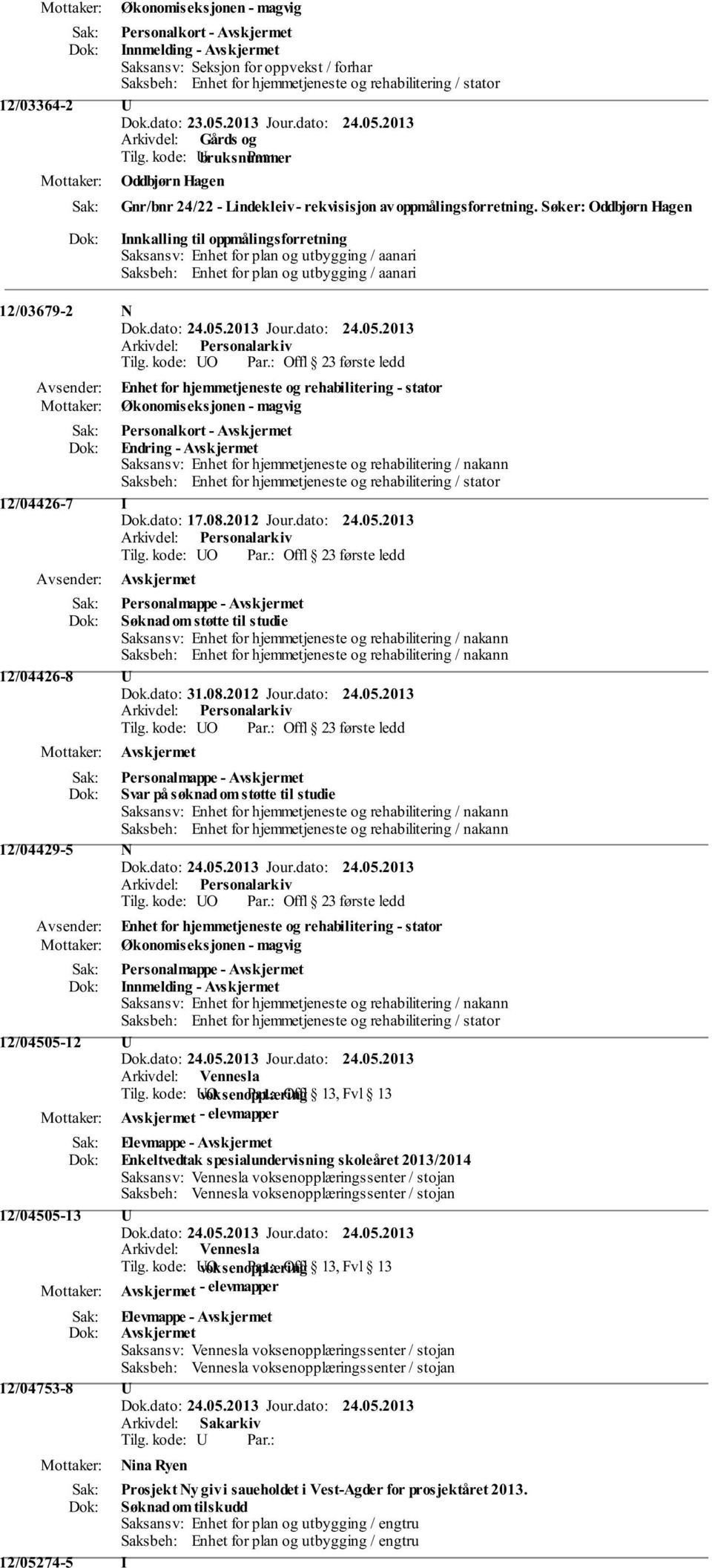 rehabilitering - stator Personalkort - Endring - 12/04426-7 I Dok.dato: 17.08.2012 Jour.dato: 24.05.