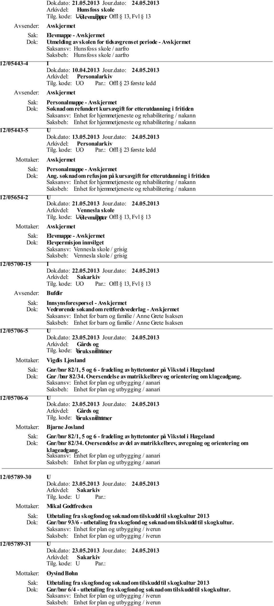 2013 Jour.dato: 24.05.2013 Personalmappe - Søknad om refundert kursavgift for etterutdanning i fritiden 12/05443-5 U Dok.dato: 13.05.2013 Jour.dato: 24.05.2013 Personalmappe - Ang.