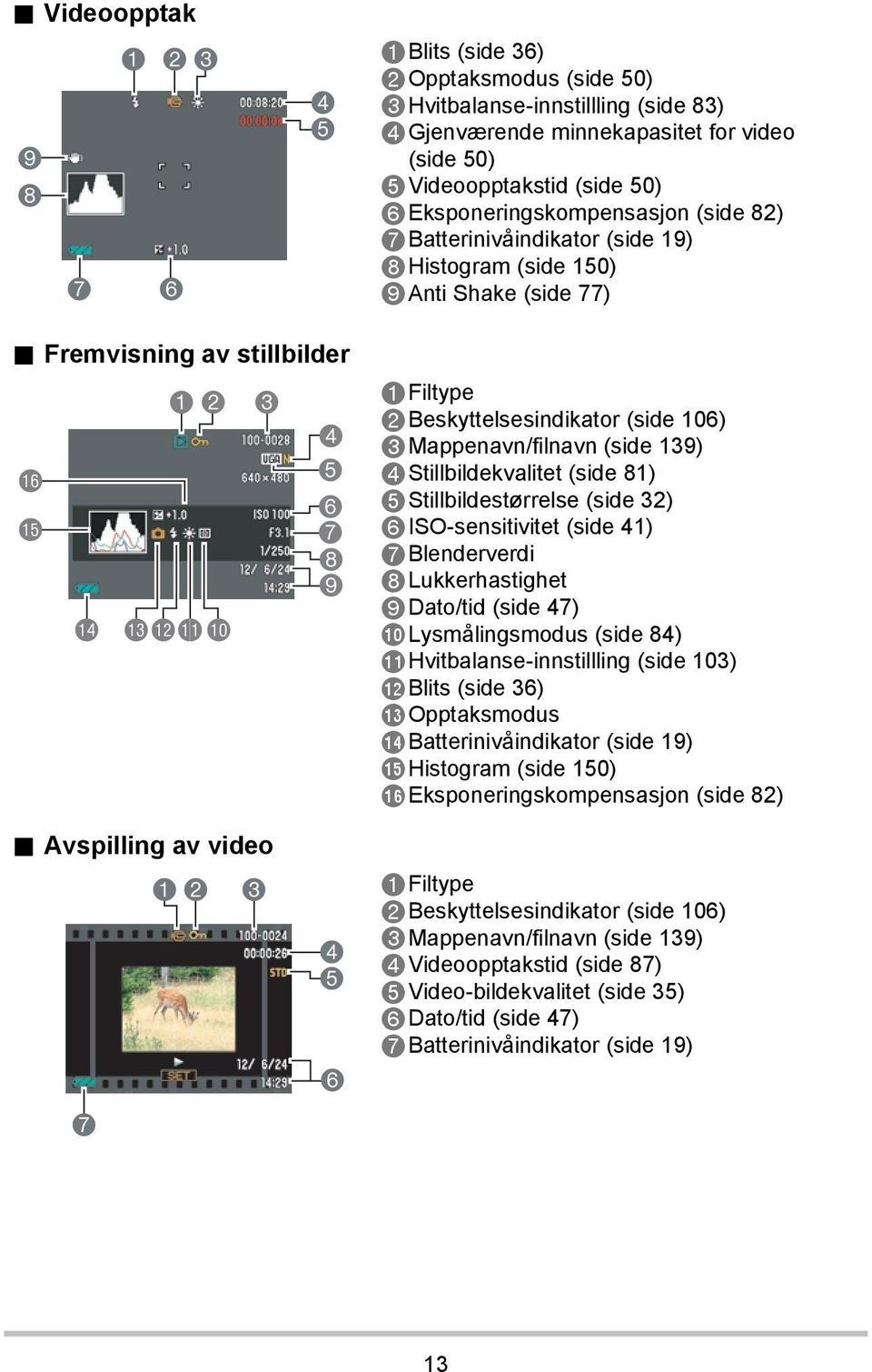 Avspilling av video 7 12 3 4 5 6 7 8 9 4 5 6 1Filtype 2Beskyttelsesindikator (side 106) 3Mappenavn/filnavn (side 139) 4Stillbildekvalitet (side 81) 5Stillbildestørrelse (side 32) 6ISO-sensitivitet