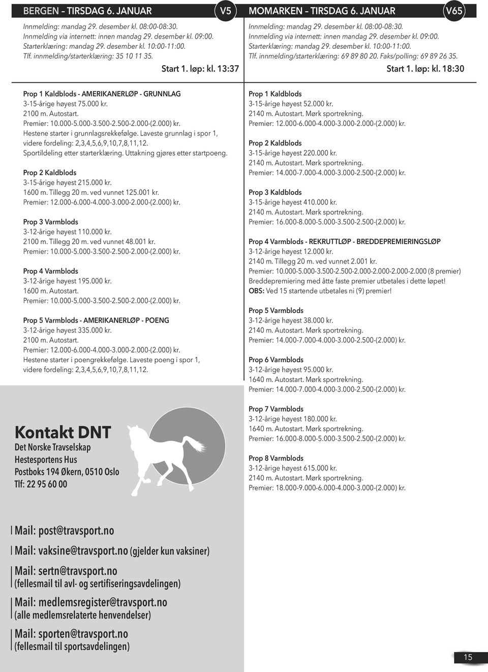 Starterklæring: mandag 29. desember kl. 10:00-11:00. Tlf. innmelding/starterklæring: 69 89 80 20. Faks/polling: 69 89 26 35. Prop 1 Kaldblods - AMERIKANERLØP - GRUNNLAG 3-15-årige høyest 75.000 kr.