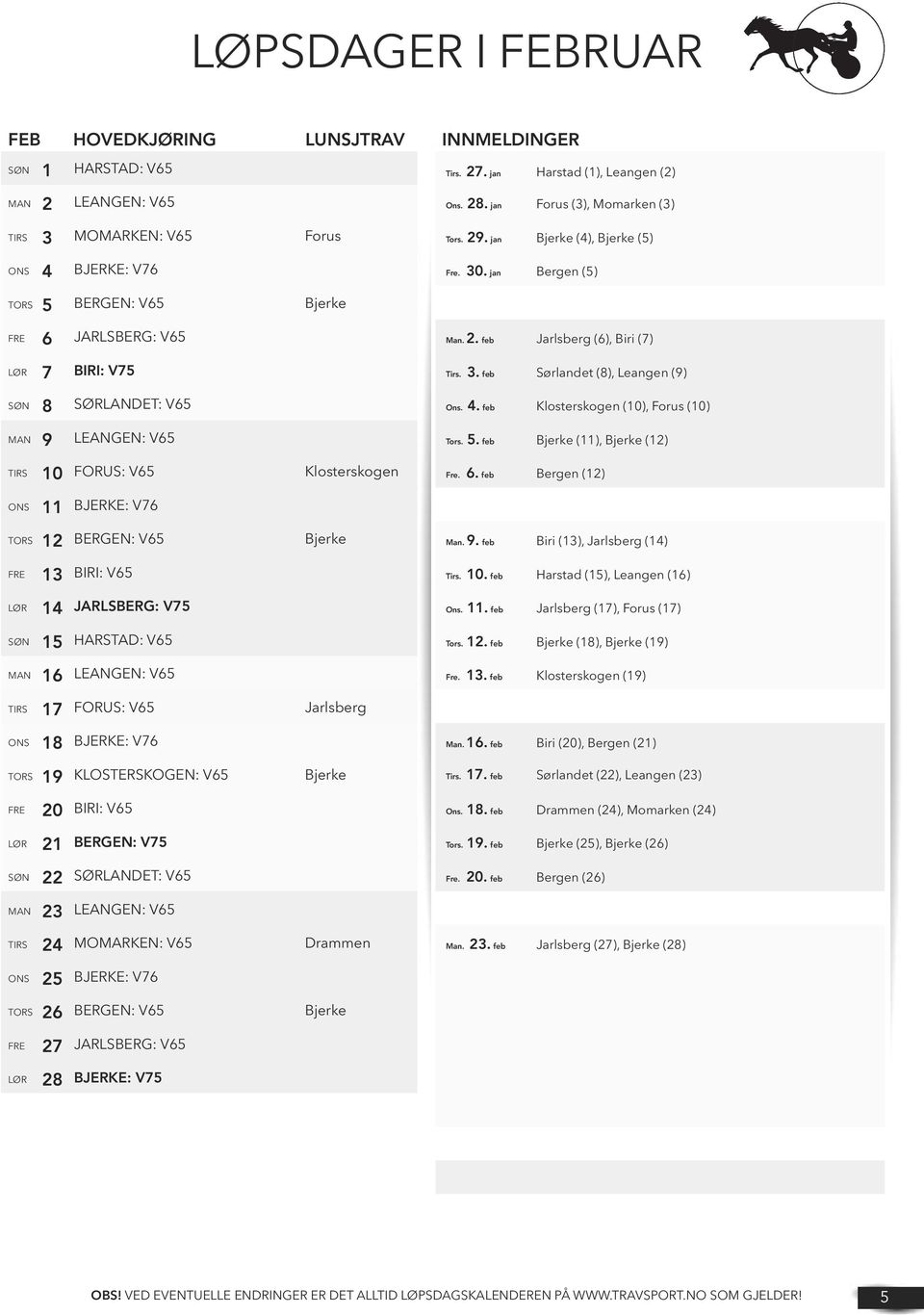 feb Bergen (12) BJERKE: V76 BERGEN: BIRI: JARLSBERG: V75 HARSTAD: LEANGEN: FORUS: Jarlsberg BJERKE: V76 KLOSTERSKOGEN: BIRI: BERGEN: V75 SØRLANDET: LEANGEN: MOMARKEN: Drammen BJERKE: V76 BERGEN: