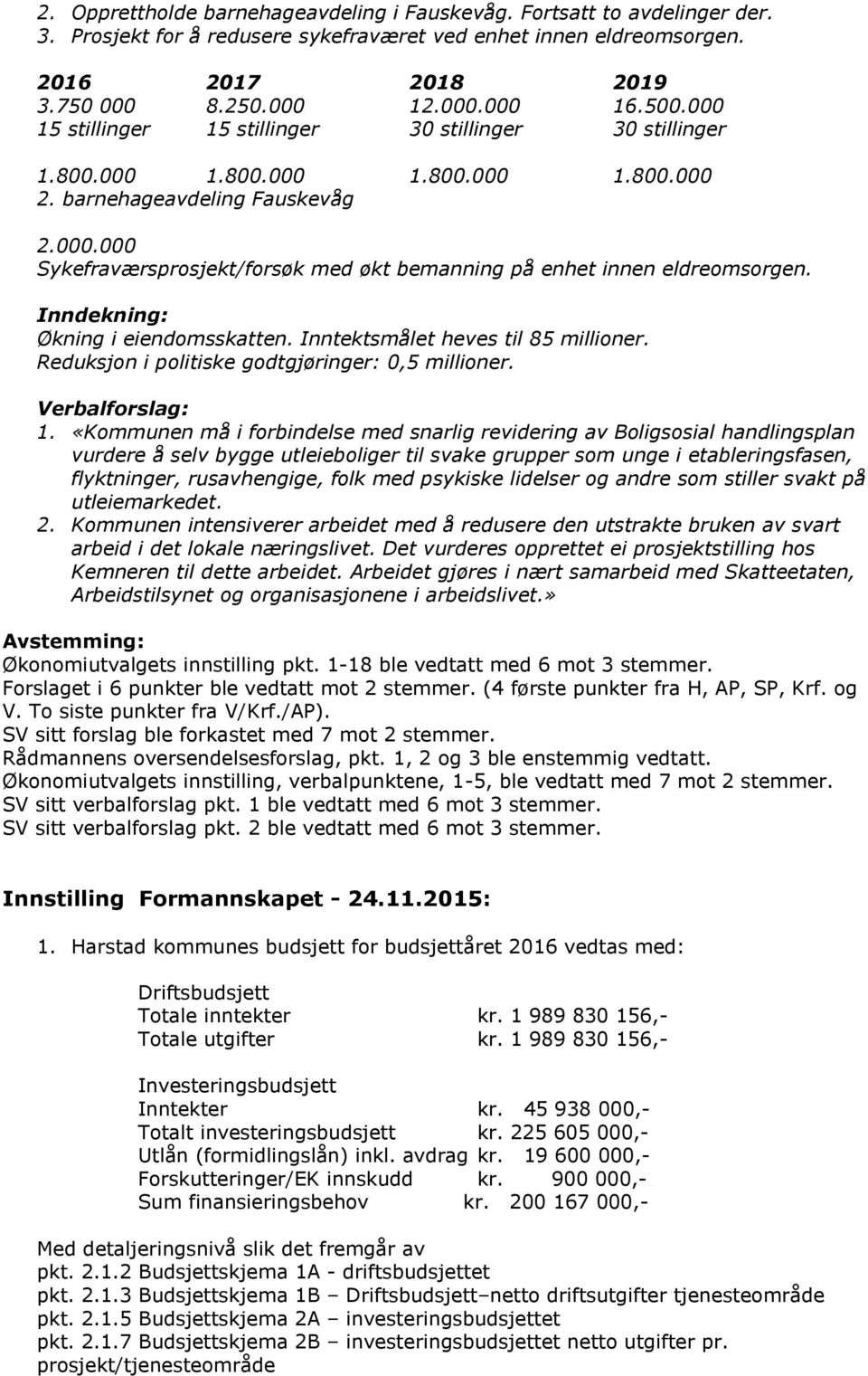 Inndekning: Økning i eiendomsskatten. Inntektsmålet heves til 85 millioner. Reduksjon i politiske godtgjøringer: 0,5 millioner. Verbalforslag: 1.