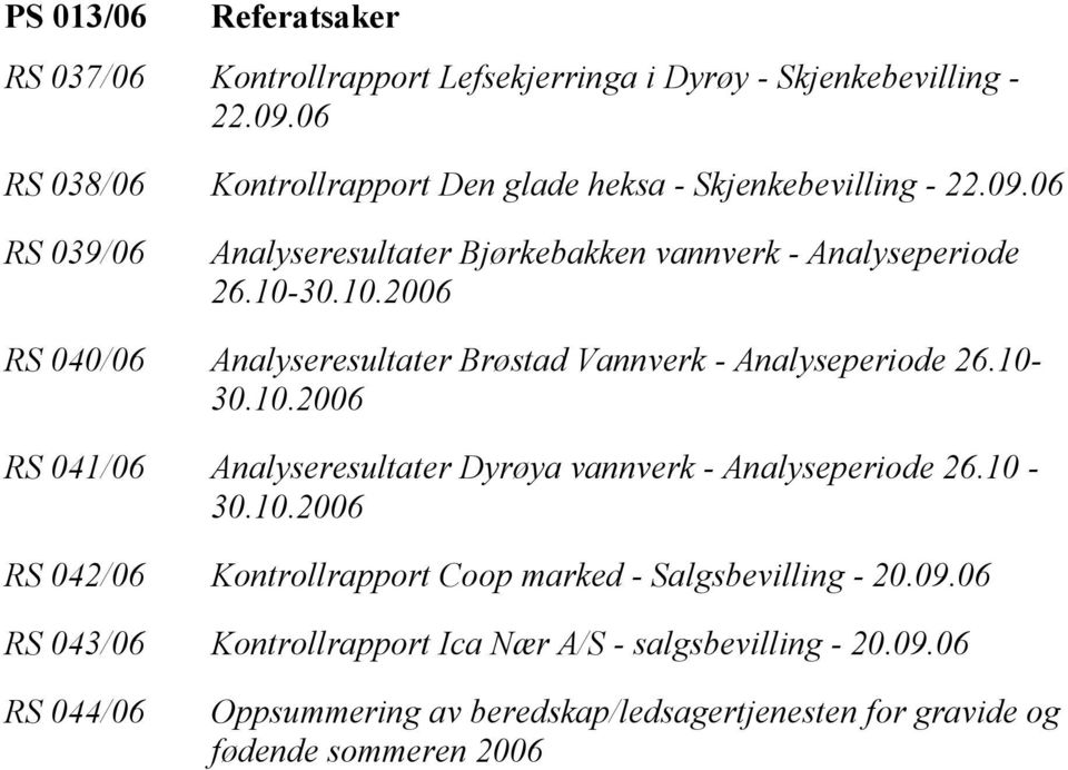 30.10.2006 RS 040/06 Analyseresultater Brøstad Vannverk - Analyseperiode 26.10-30.10.2006 RS 041/06 Analyseresultater Dyrøya vannverk - Analyseperiode 26.10-30.10.2006 RS 042/06 Kontrollrapport Coop marked - Salgsbevilling - 20.