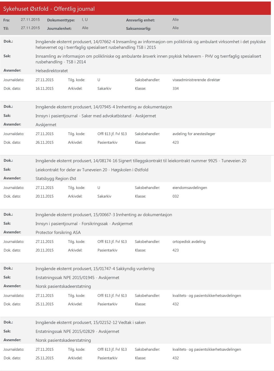 11.2015 Arkivdel: Sakarkiv 334 Inngående eksternt produsert, 14/07945-4 Innhenting av dokumentasjon Innsyn i pasientjournal - Saker med advokatbistand - avdeling for anestesileger Dok. dato: