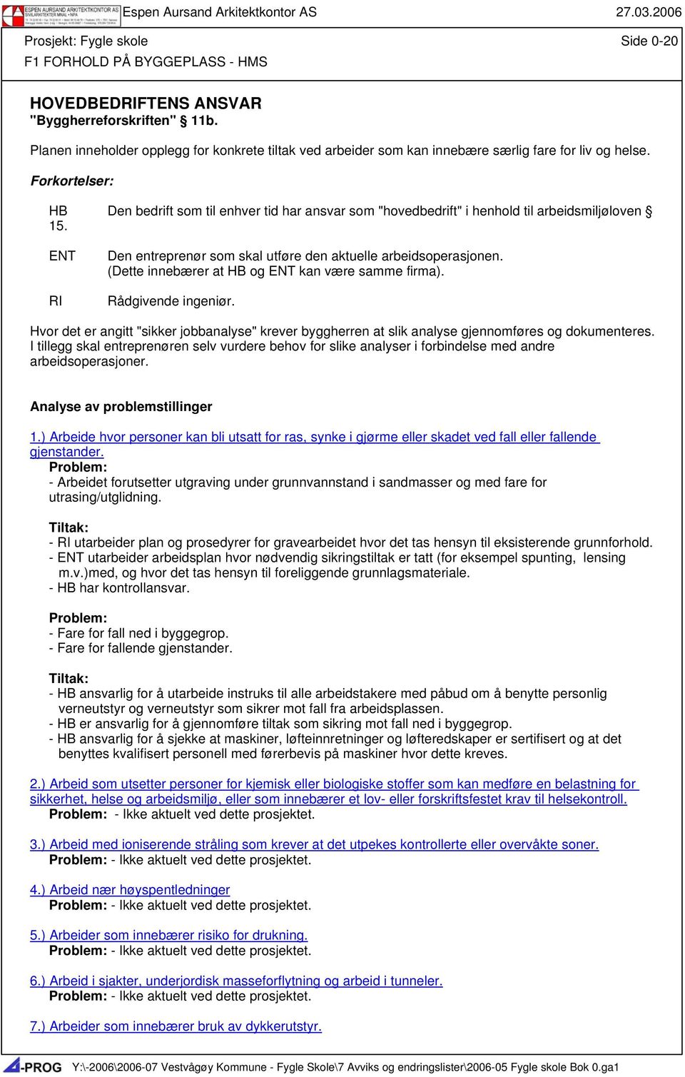 Forkortelser: HB Den bedrift som til enhver tid har ansvar som "hovedbedrift" i henhold til arbeidsmiljøloven 15. ENT RI Den entreprenør som skal utføre den aktuelle arbeidsoperasjonen.