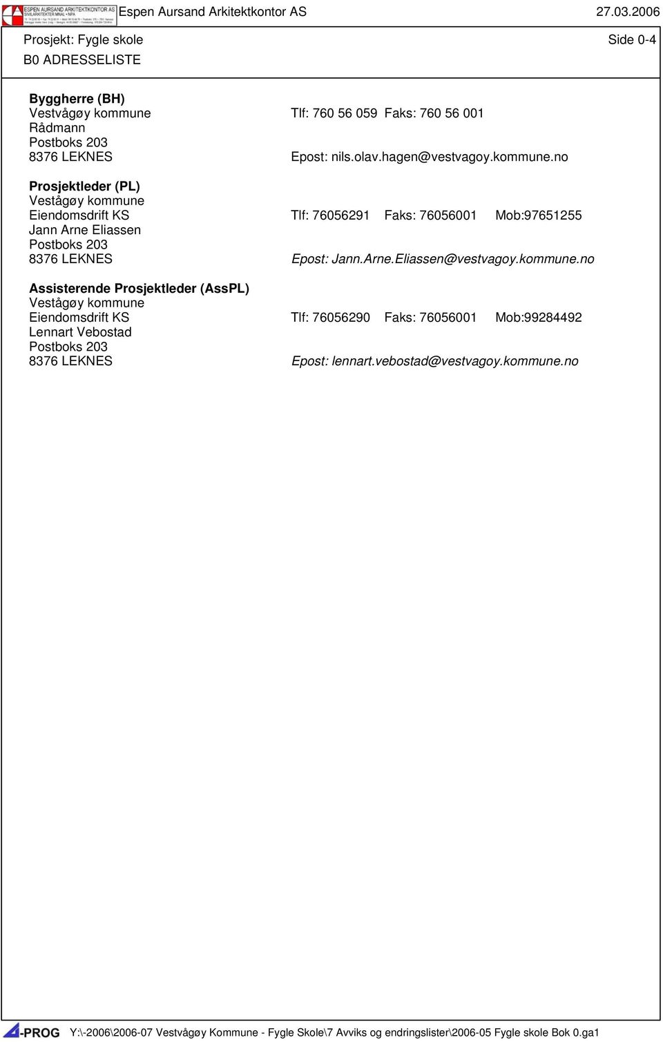 no Prosjektleder (PL) Vestågøy kommune Eiendomsdrift KS Tlf: 76056291 Faks: 76056001 Mob:97651255 Jann Arne Eliassen Postboks 203 8376 LEKNES