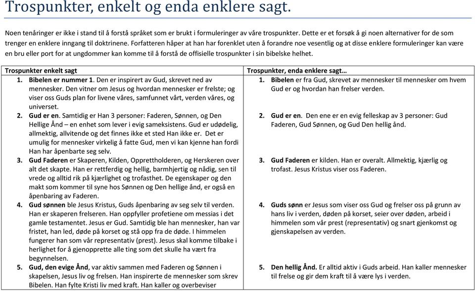 Forfatteren håper at han har forenklet uten å forandre noe vesentlig og at disse enklere formuleringer kan være en bru eller port for at ungdommer kan komme til å forstå de offisielle trospunkter i