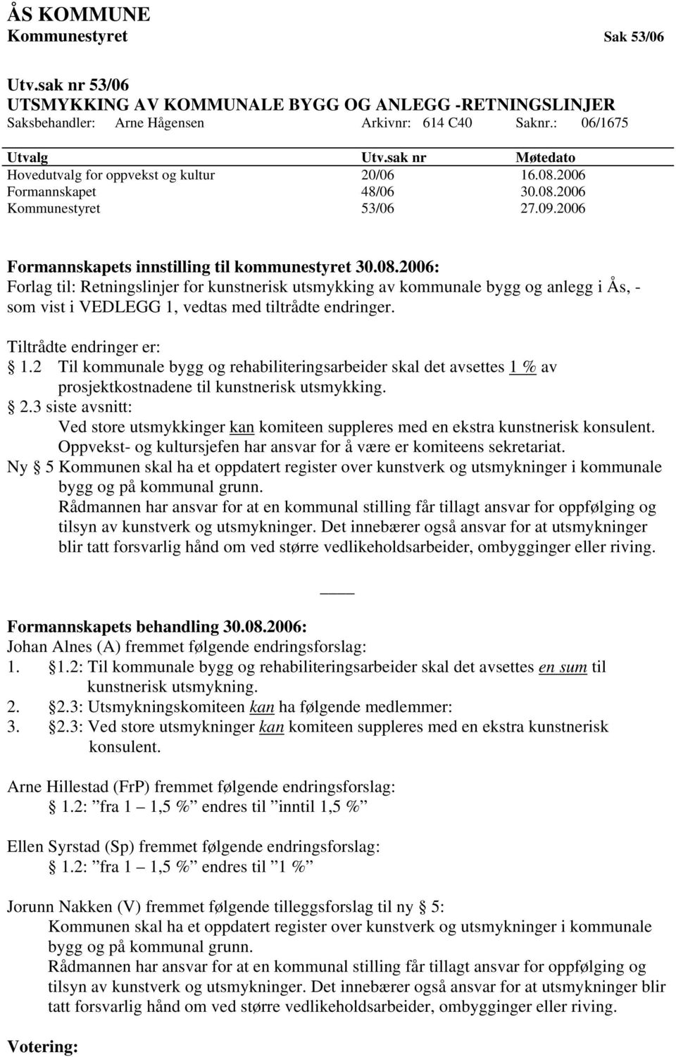 2006 Formannskapet 48/06 30.08.2006 Kommunestyret 53/06 27.09.2006 Formannskapets innstilling til kommunestyret 30.08.2006: Forlag til: Retningslinjer for kunstnerisk utsmykking av kommunale bygg og anlegg i Ås, - som vist i VEDLEGG 1, vedtas med tiltrådte endringer.