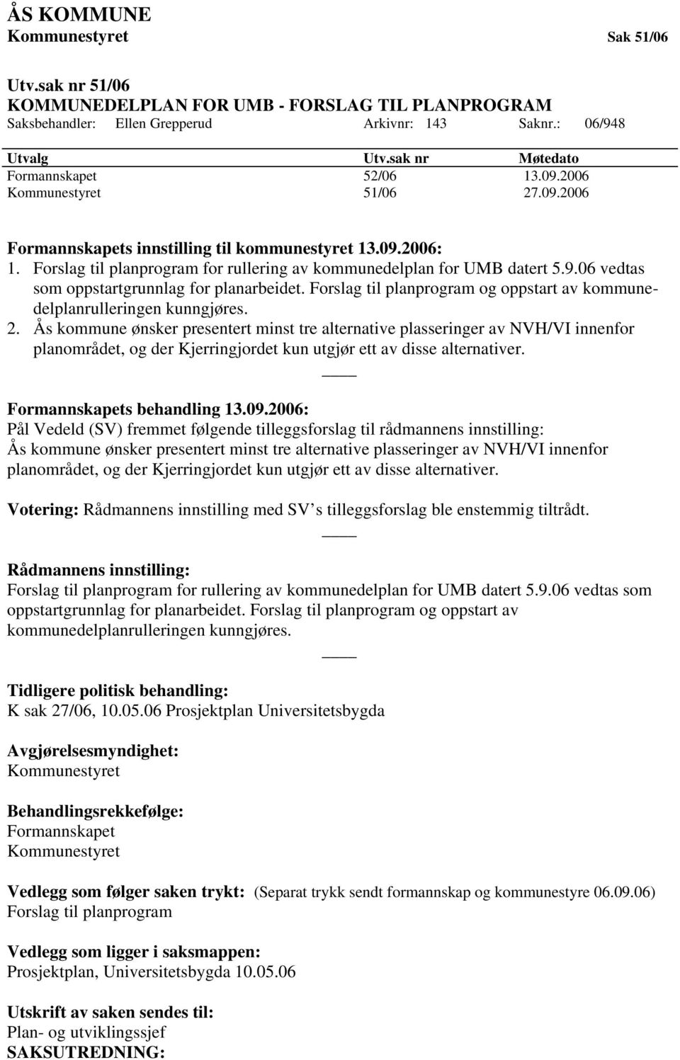 Forslag til planprogram for rullering av kommunedelplan for UMB datert 5.9.06 vedtas som oppstartgrunnlag for planarbeidet. Forslag til planprogram og oppstart av kommunedelplanrulleringen kunngjøres.