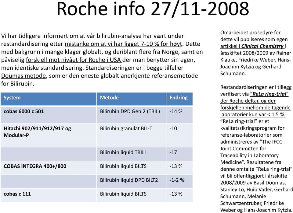 Standardiseringen er i begge tilfeller Doumas metode, som er den eneste globalt anerkjente referansemetode for Bilirubin. System Metode Endring cobas 6000 c 501 Bilirubin DPD Gen.