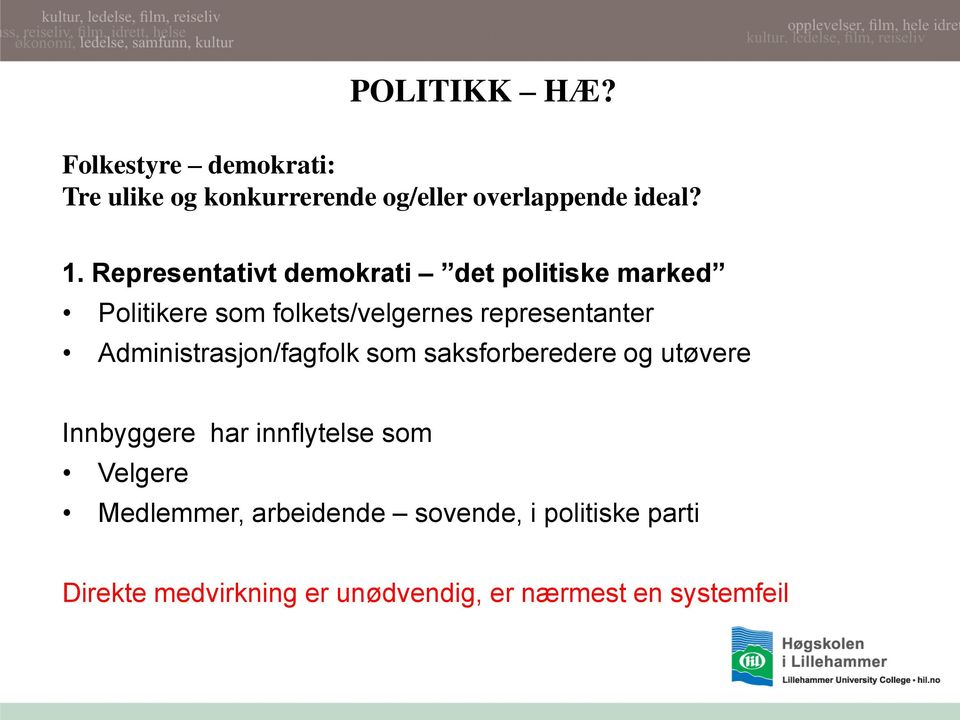 Administrasjon/fagfolk som saksforberedere og utøvere Innbyggere har innflytelse som Velgere