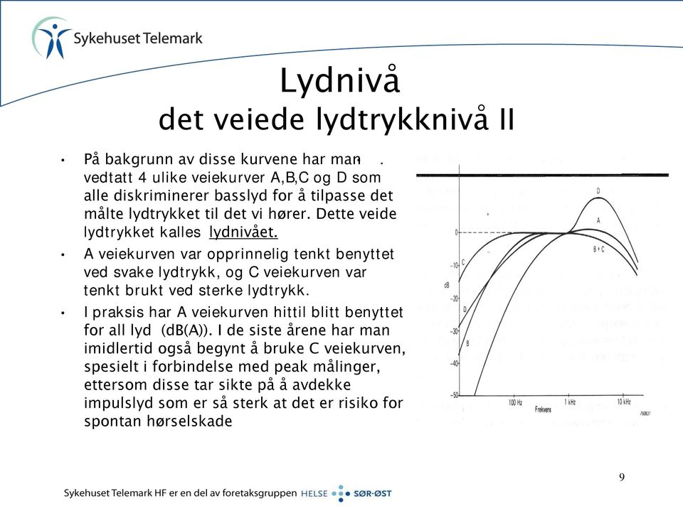 Dette veide lydtrykket kalles lydnivået. A veiekurven var opprinnelig tenkt benyttet ved svake lydtrykk, og C veiekurven var tenkt brukt ved sterke lydtrykk.