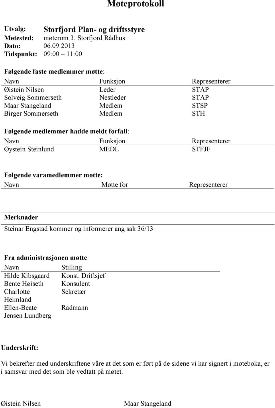 Medlem STH Følgende medlemmer hadde meldt forfall: Navn Funksjon Representerer Øystein Steinlund MEDL STFJF Følgende varamedlemmer møtte: Navn Møtte for Representerer Merknader Steinar Engstad kommer