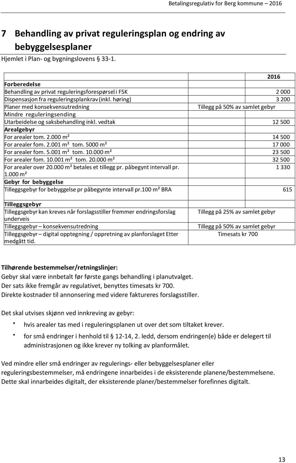 høring) 3200 Planer med konsekvensutredning Tillegg på 50% av samlet gebyr Mindre reguleringsending Utarbeidelse og saksbehandling inkl. vedtak 12500 Arealgebyr For arealer tom. 2.