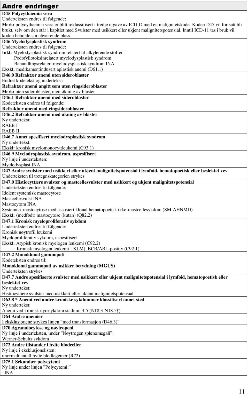 D46 Myelodysplastisk syndrom Underteksten endres til følgende: Inkl: Myelodysplastisk syndrom relatert til alkylerende stoffer Podofyllotoksinrelatert myelodysplastisk syndrom Behandlingsrelatert