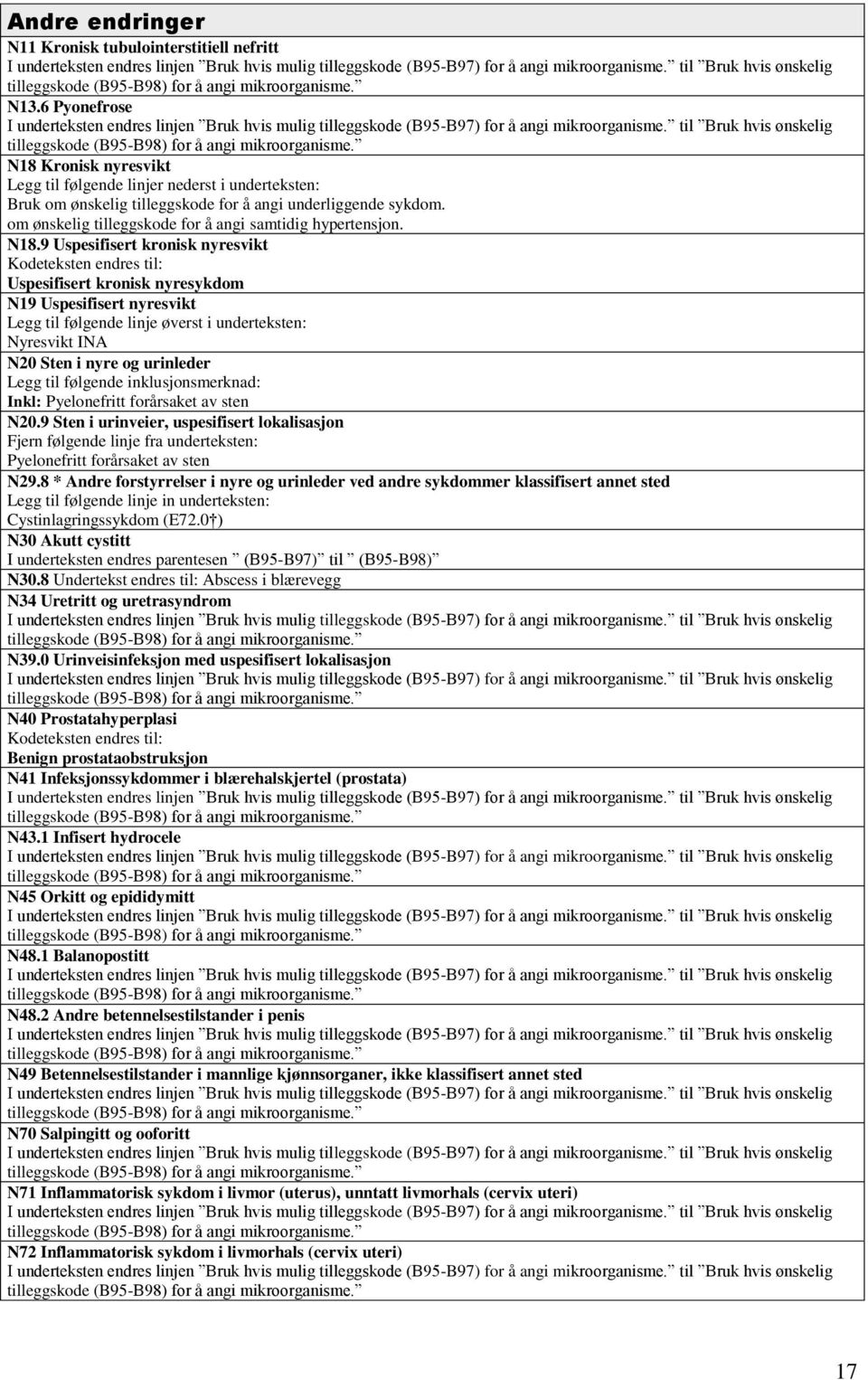 9 Uspesifisert kronisk nyresvikt Uspesifisert kronisk nyresykdom N19 Uspesifisert nyresvikt Legg til følgende linje øverst i underteksten: Nyresvikt INA N20 Sten i nyre og urinleder Legg til følgende