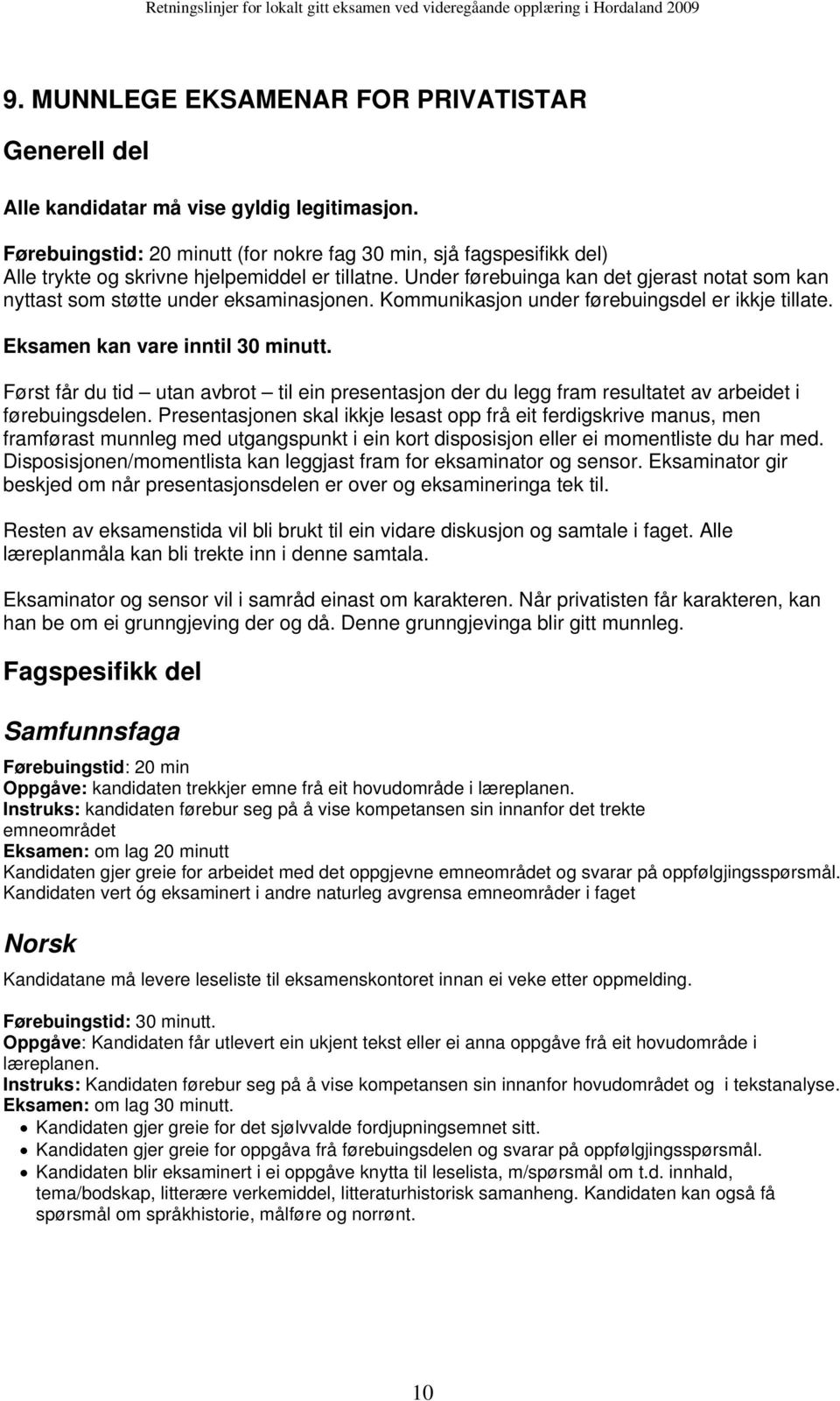 Under førebuinga kan det gjerast notat som kan nyttast som støtte under eksaminasjonen. Kommunikasjon under førebuingsdel er ikkje tillate. Eksamen kan vare inntil 30 minutt.