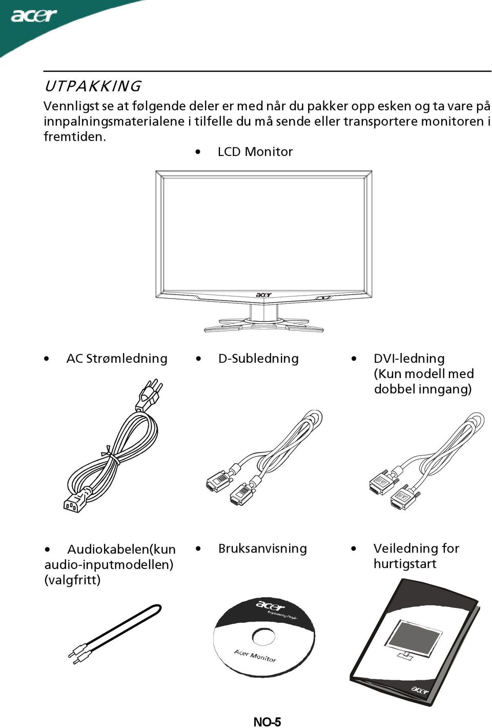 LCD Monitor AC Strømledning D-Subledning DVI-ledning (Kun modell med dobbel inngang)