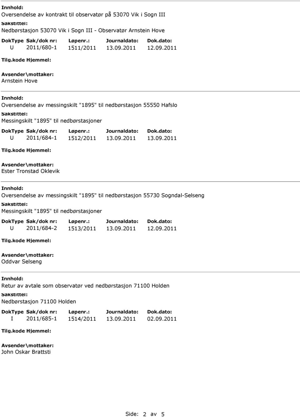 Oversendelse av messingskilt "1895" til nedbørstasjon 55730 Sogndal-Selseng Messingskilt "1895" til nedbørstasjoner 2011/684-2 1513/2011 Oddvar Selseng