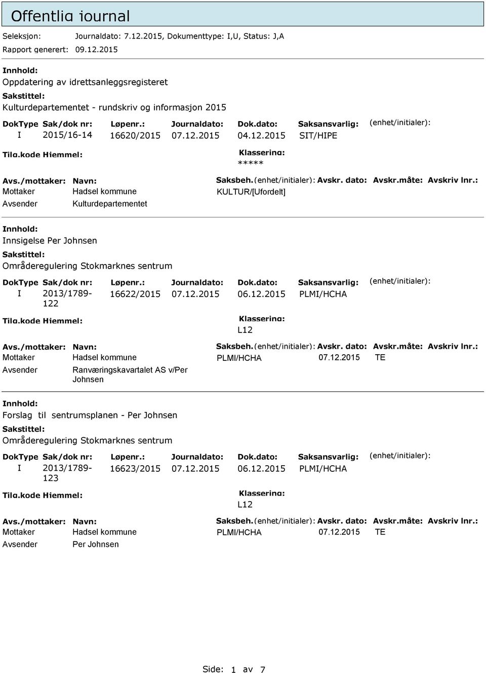 : KULTUR/[Ufordelt] Avsender Kulturdepartementet nnhold: nnsigelse Per Johnsen Områderegulering Stokmarknes sentrum Sak/dok nr: 2013/1789-122 Løpenr.: 16622/2015 06.12.2015 PLM/HCHA L12 Avs.