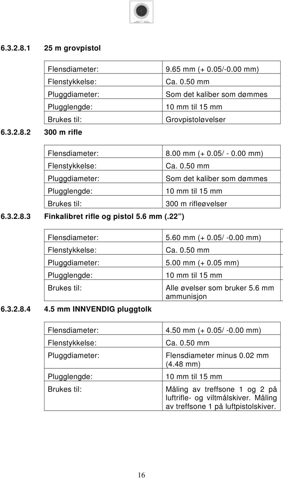 3.2.8.3 Finkalibret rifle og pistol 5.6 mm (.22 ) Flensdiameter: Flenstykkelse: Pluggdiameter: Plugglengde: Brukes til: 6.3.2.8.4 4.