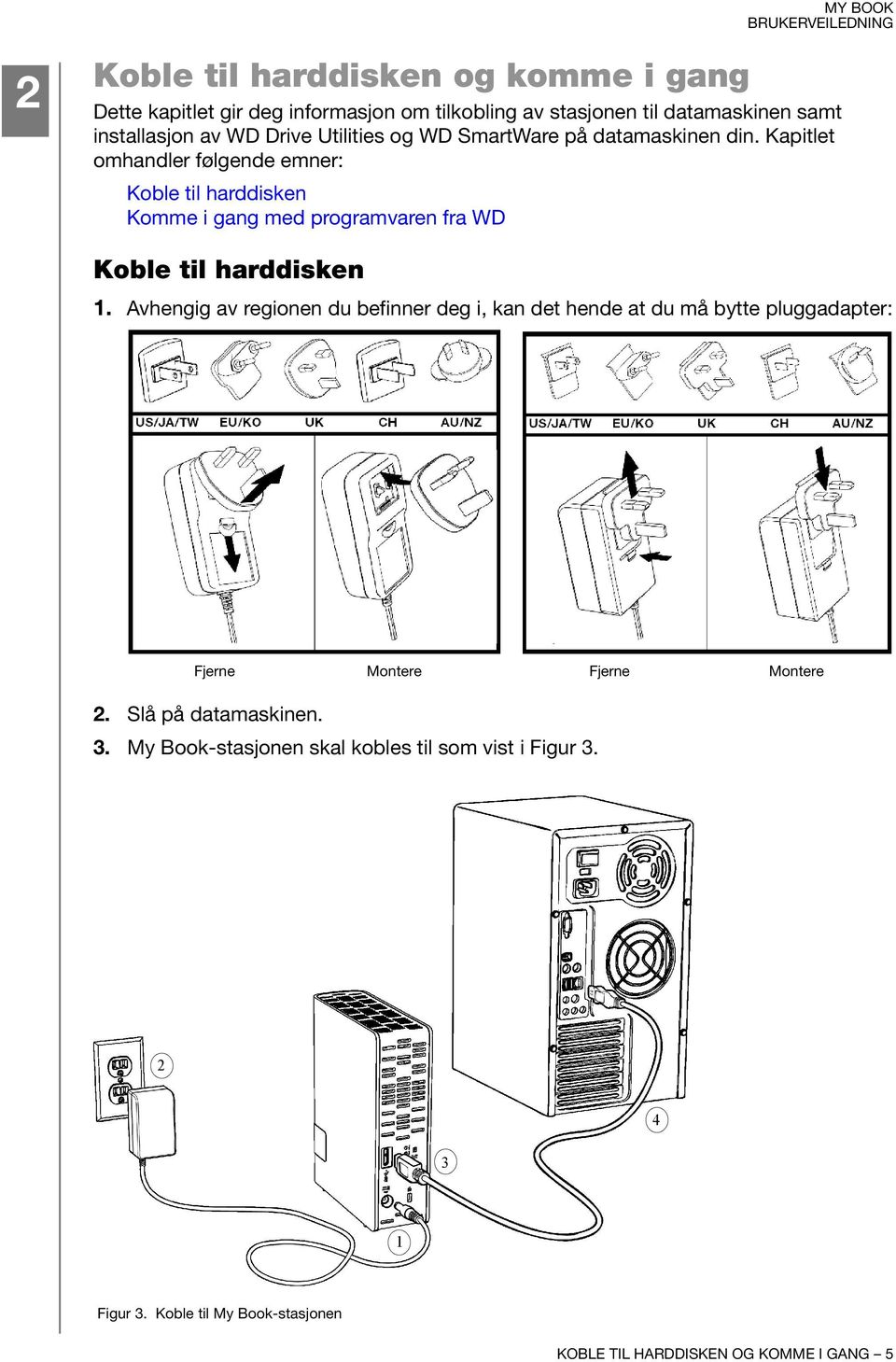 Kapitlet omhandler følgende emner: Koble til harddisken Komme i gang med programvaren fra WD Koble til harddisken 1.