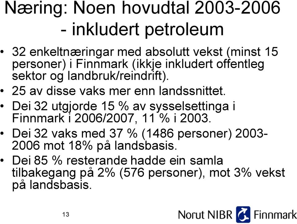 Dei 32 utgjorde 15 % av sysselsettinga i Finnmark i 2006/2007, 11 % i 2003.