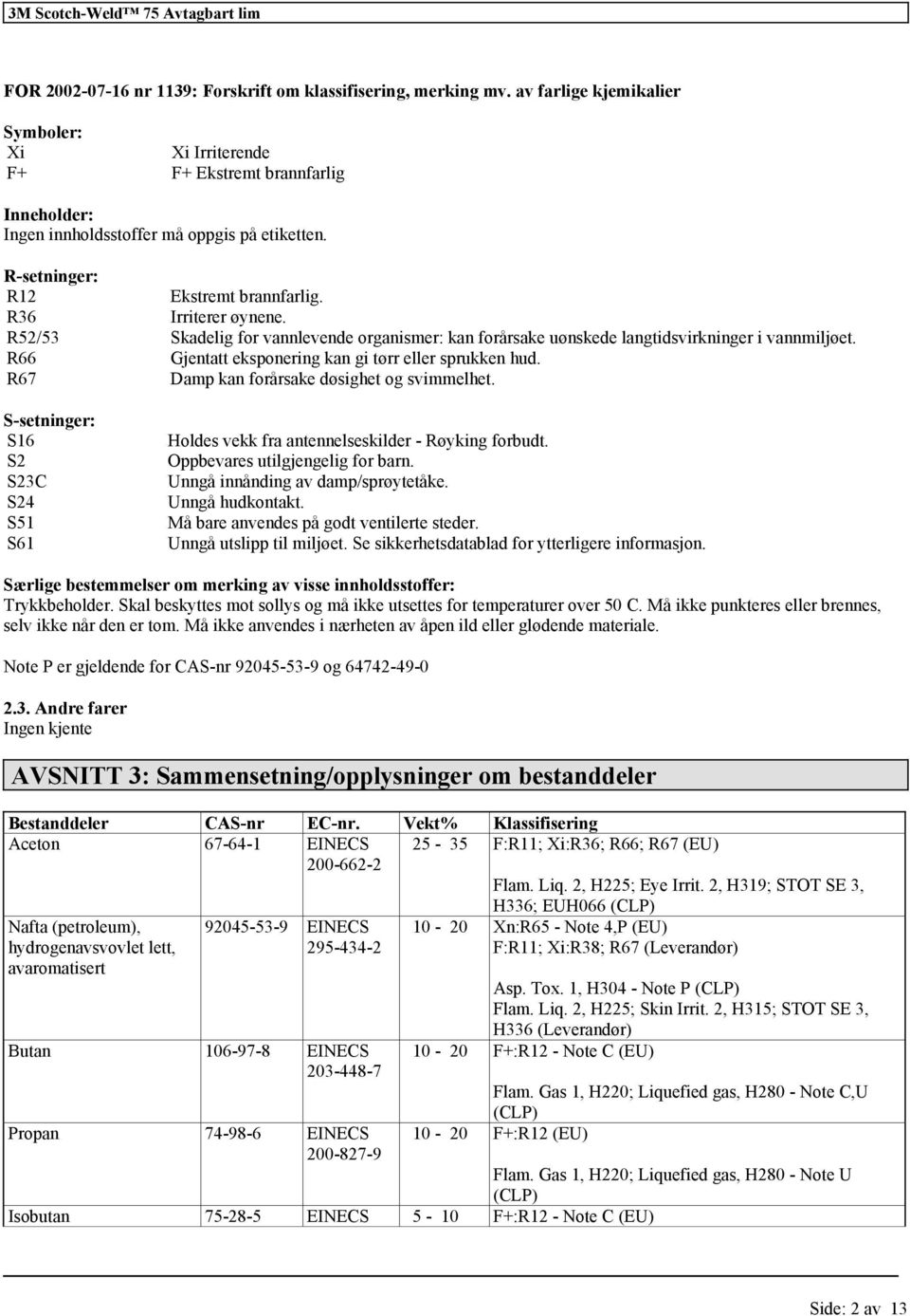 R66 Gjentatt eksponering kan gi tørr eller sprukken hud. R67 Damp kan forårsake døsighet og. S-setninger: S16 S2 S23C S24 S51 S61 Holdes vekk fra antennelseskilder - Røyking forbudt.