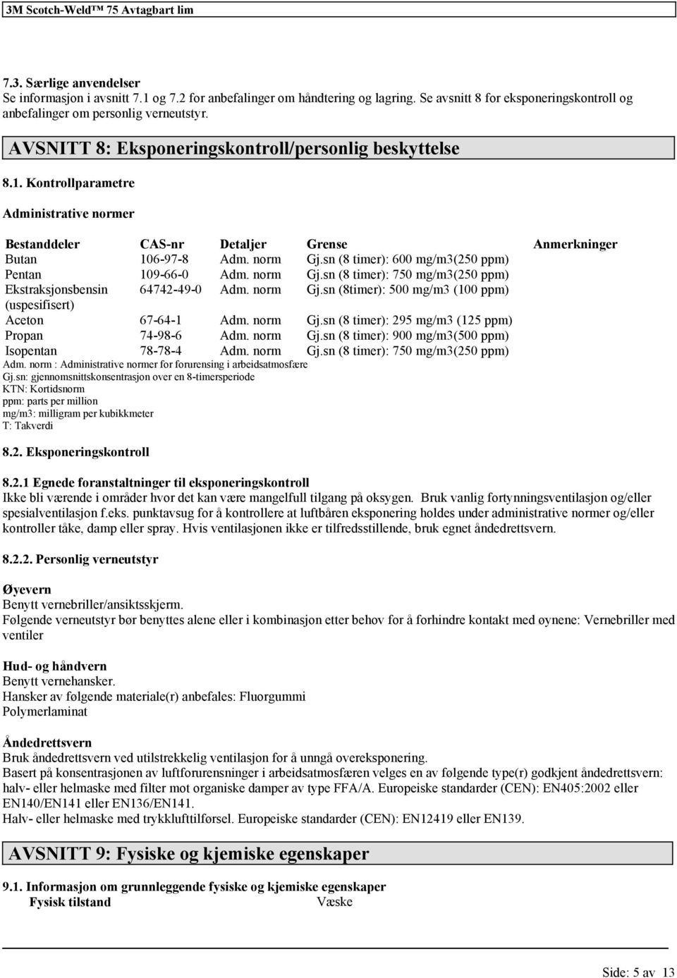 sn (8 timer): 600 mg/m3(250 ppm) 109-66-0 Adm. norm Gj.sn (8 timer): 750 mg/m3(250 ppm) Ekstraksjonsbensin 64742-49-0 Adm. norm Gj.sn (8timer): 500 mg/m3 (100 ppm) (uspesifisert) 67-64-1 Adm. norm Gj.sn (8 timer): 295 mg/m3 (125 ppm) 74-98-6 Adm.