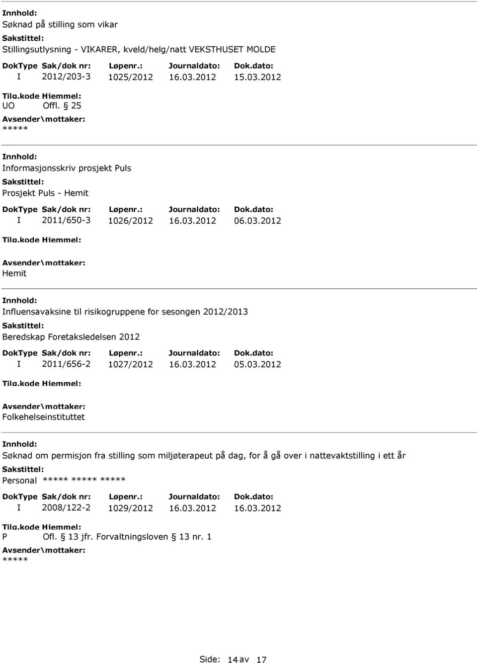 2012 Hemit nnhold: nfluensavaksine til risikogruppene for sesongen 2012/2013 Beredskap Foretaksledelsen 2012 2011/656-2 1027/2012 05.03.