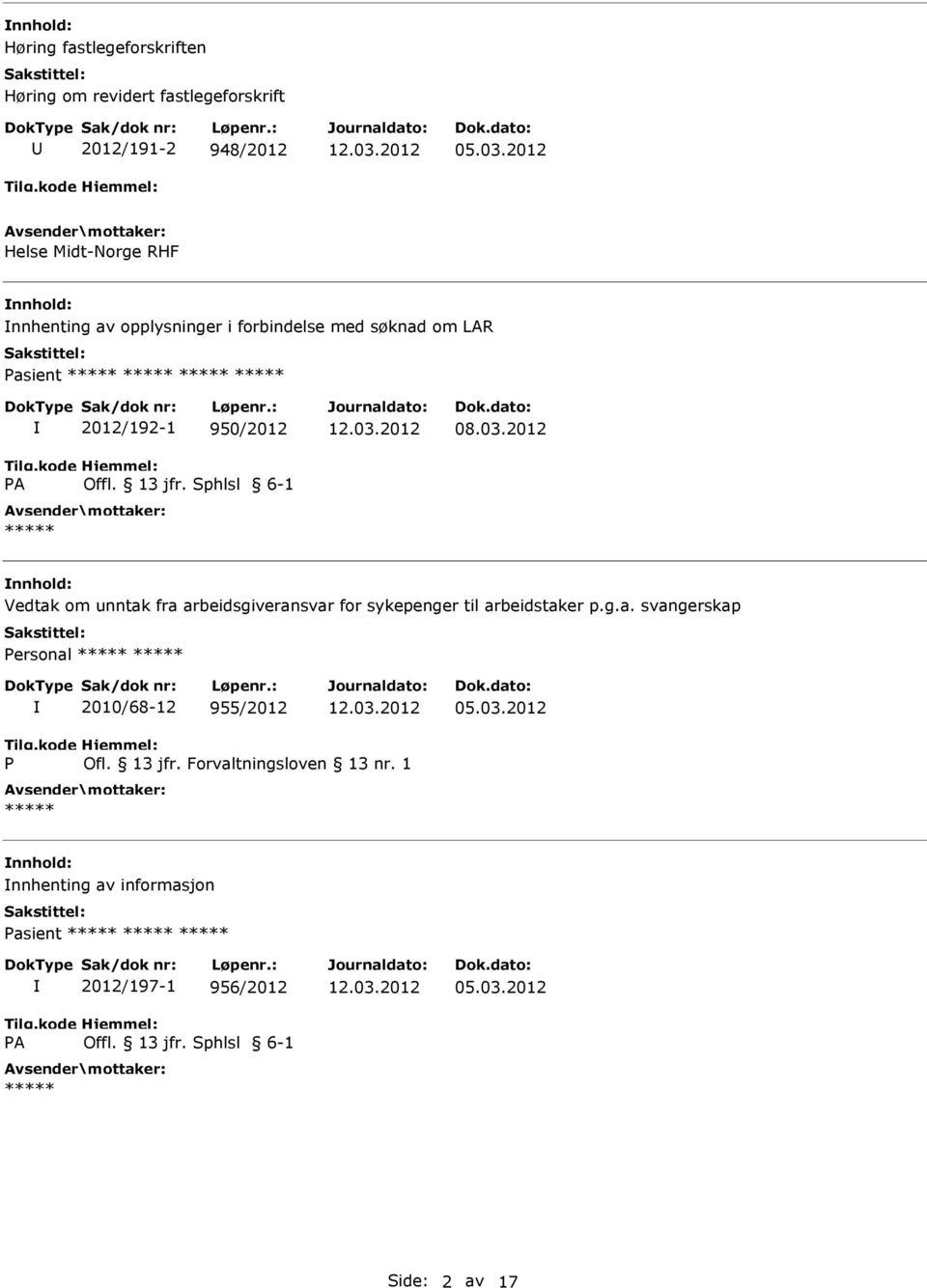 03.2012 nnhold: Vedtak om unntak fra arbeidsgiveransvar for sykepenger til arbeidstaker p.g.a. svangerskap ersonal 2010/68-12 955/2012 05.