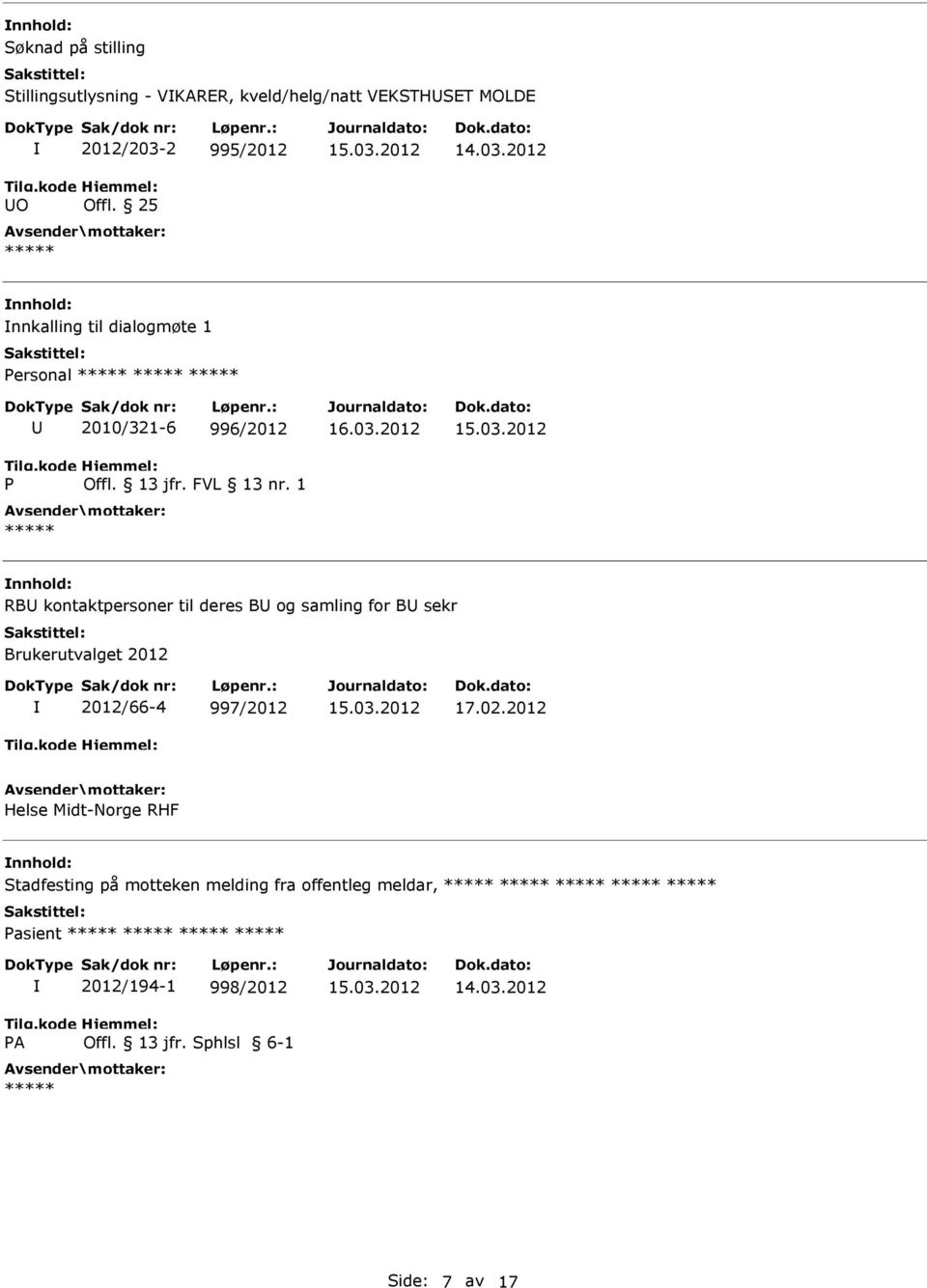 1 nnhold: RB kontaktpersoner til deres B og samling for B sekr Brukerutvalget 2012 2012/66-4 997/2012 17.02.