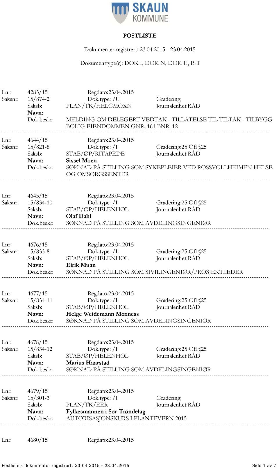 type: /I Gradering:25 Ofl 25 Saksb: STAB/ØP/RITAPEDE Journalenhet:RÅD Sissel Moen SØKNAD PÅ STILLING SOM SYKEPLEIER VED ROSSVOLLHEIMEN HELSE- OG OMSORGSSENTER Lnr: 4645/15 Regdato:23.04.