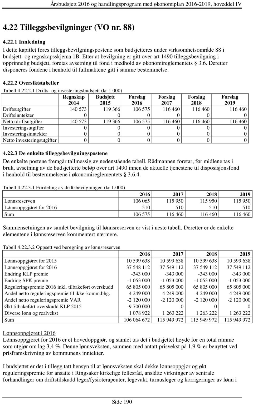 Deretter disponeres fondene i henhold til fullmaktene gitt i samme bestemmelse. 4.22.2 Oversiktstabeller Tabell 4.22.2.1 Drifts- og investeringsbudsjett (kr 1.