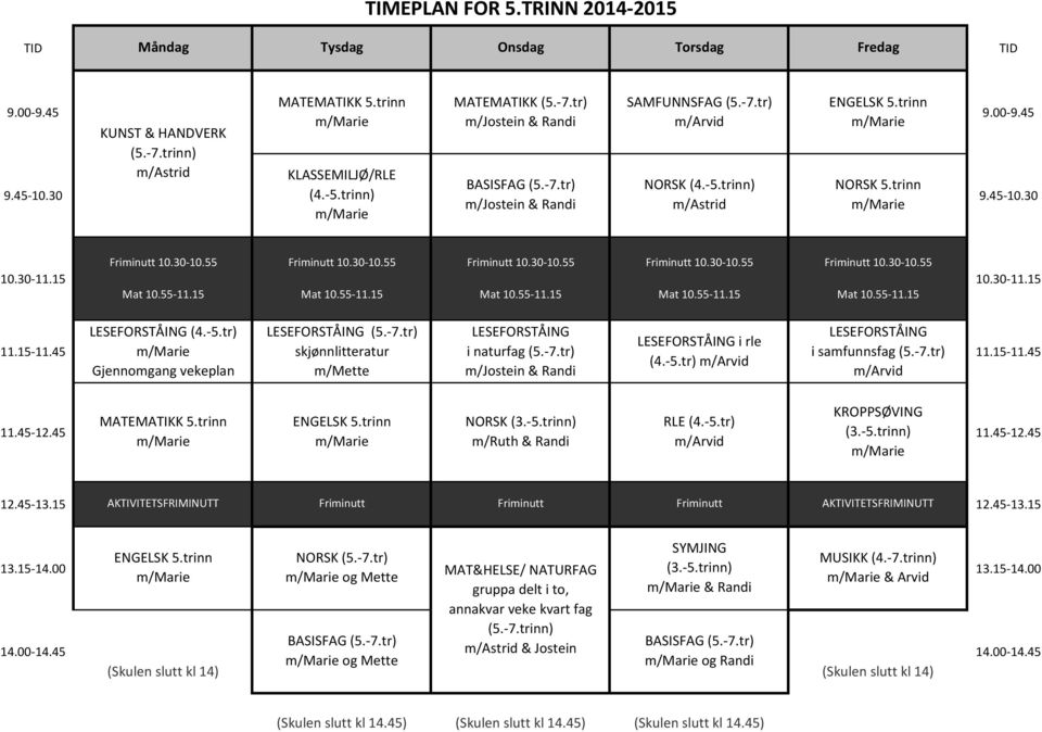 -7.tr) (4.-5.tr) Gjennomgang vekeplan m/mette m/jostein MATEMATIKK 5.trinn ENGELSK 5.trinn NORSK (3.-5.trinn) RLE (4.-5.tr) (3.-5.trinn) Friminutt SYMJING ENGELSK 5.