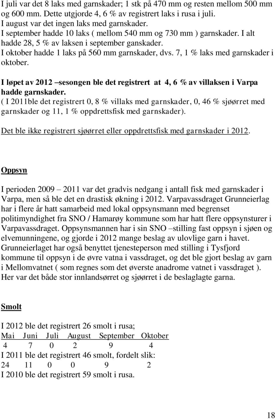 7, 1 % laks med garnskader i oktober. I løpet av 2012 sesongen ble det registrert at 4, 6 % av villaksen i Varpa hadde garnskader.