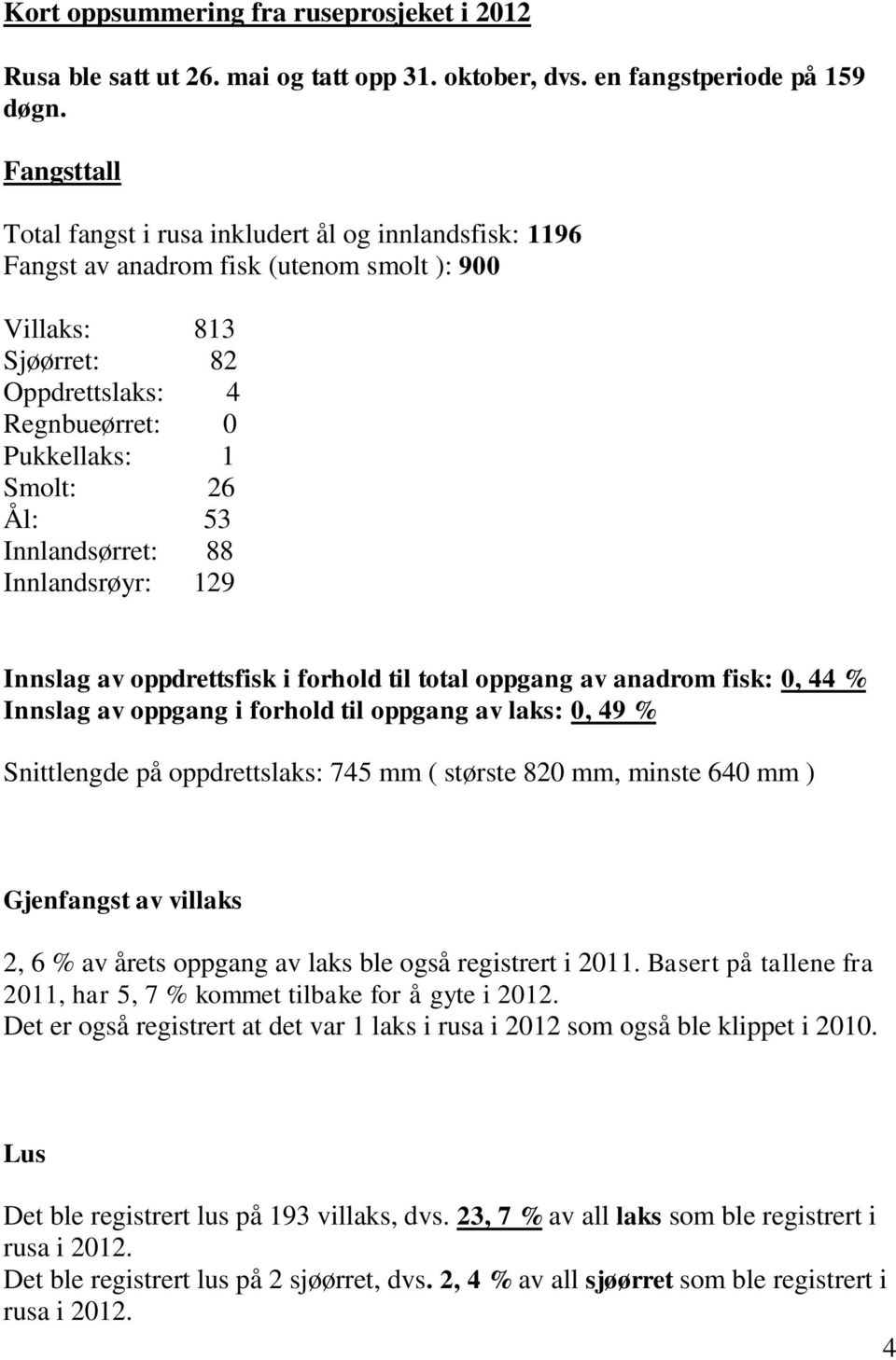 Innlandsørret: 88 Innlandsrøyr: 129 Innslag av oppdrettsfisk i forhold til total oppgang av anadrom fisk: 0, 44 % Innslag av oppgang i forhold til oppgang av laks: 0, 49 % Snittlengde på