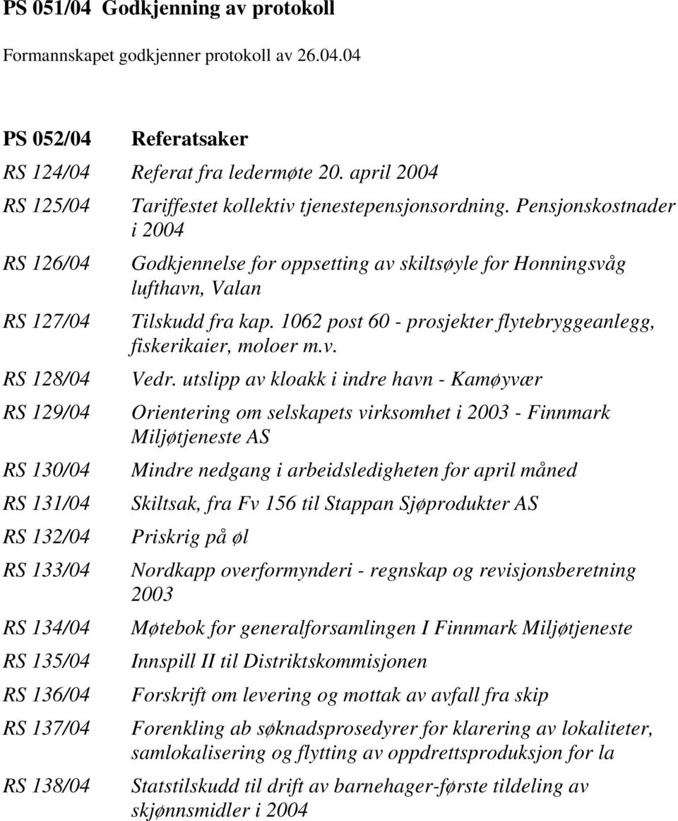 Pensjonskostnader i 2004 Godkjennelse for oppsetting av skiltsøyle for Honningsvåg lufthavn, Valan Tilskudd fra kap. 1062 post 60 - prosjekter flytebryggeanlegg, fiskerikaier, moloer m.v. Vedr.