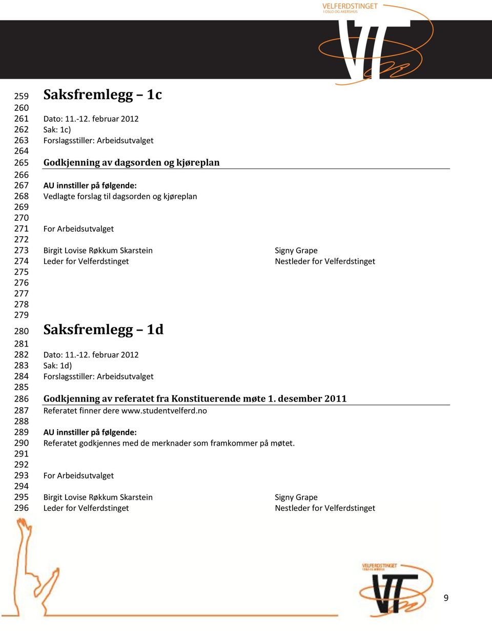 Røkkum Skarstein Signy Grape Leder for Velferdstinget Nestleder for Velferdstinget Saksfremlegg 1d Dato: 11.-12.