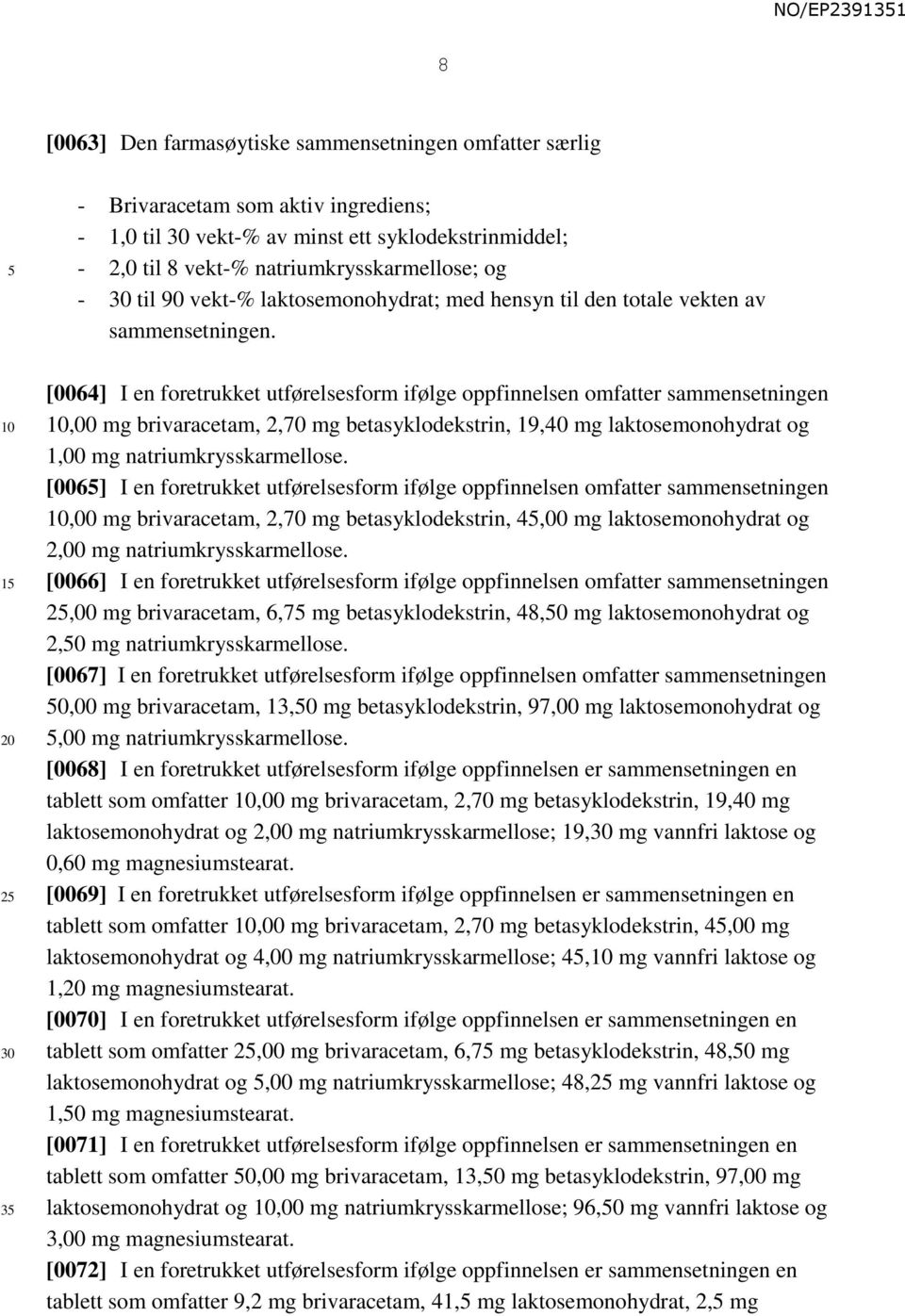 [0064] I en foretrukket utførelsesform ifølge oppfinnelsen omfatter sammensetningen,00 mg brivaracetam, 2,70 mg betasyklodekstrin, 19,40 mg laktosemonohydrat og 1,00 mg natriumkrysskarmellose.