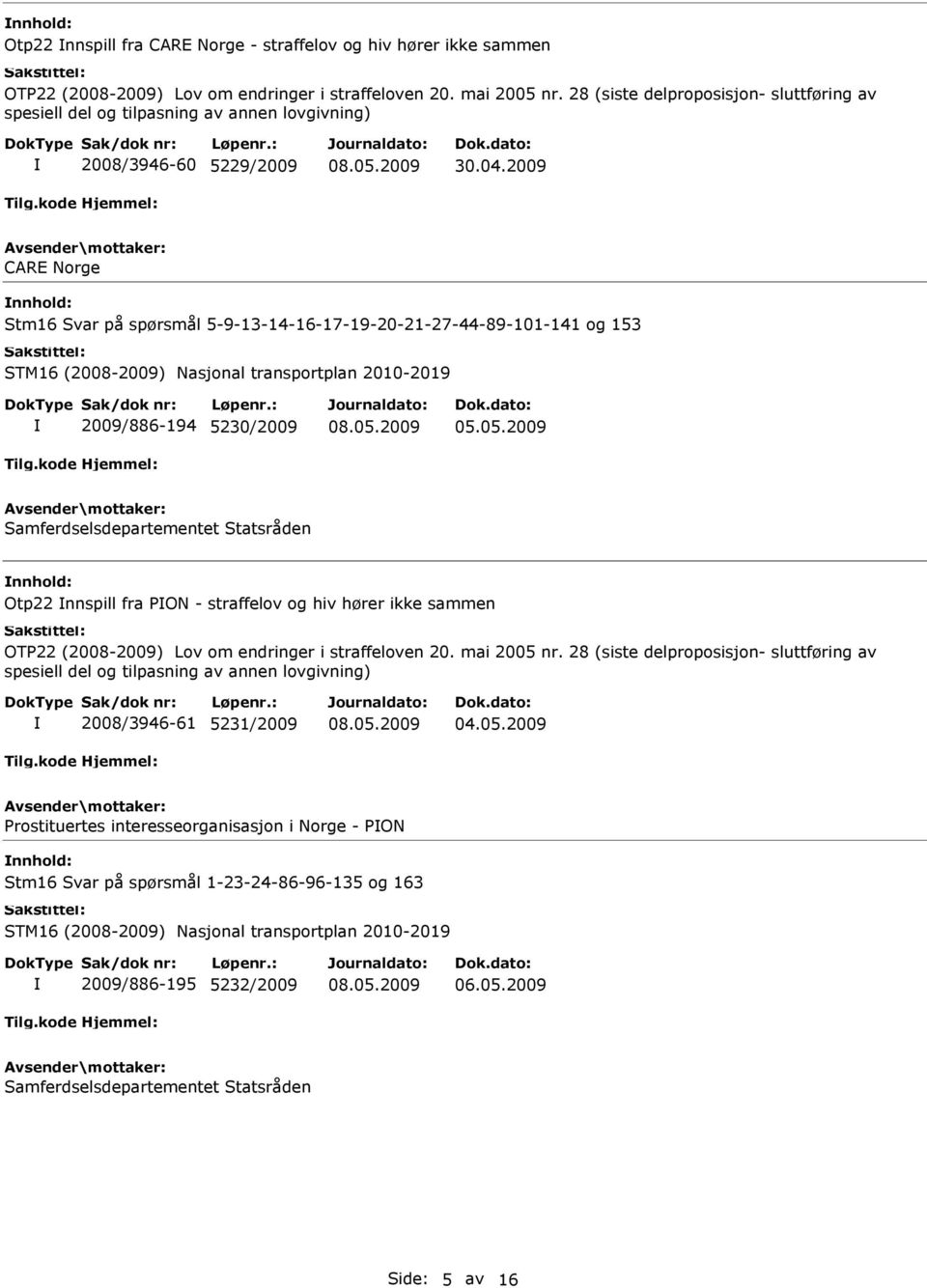 2009 CARE Norge Stm16 Svar på spørsmål 5-9-13-14-16-17-19-20-21-27-44-89-101-141 og 153 STM16 (2008-2009) Nasjonal transportplan 2010-2019 2009/886-194 5230/2009 05.