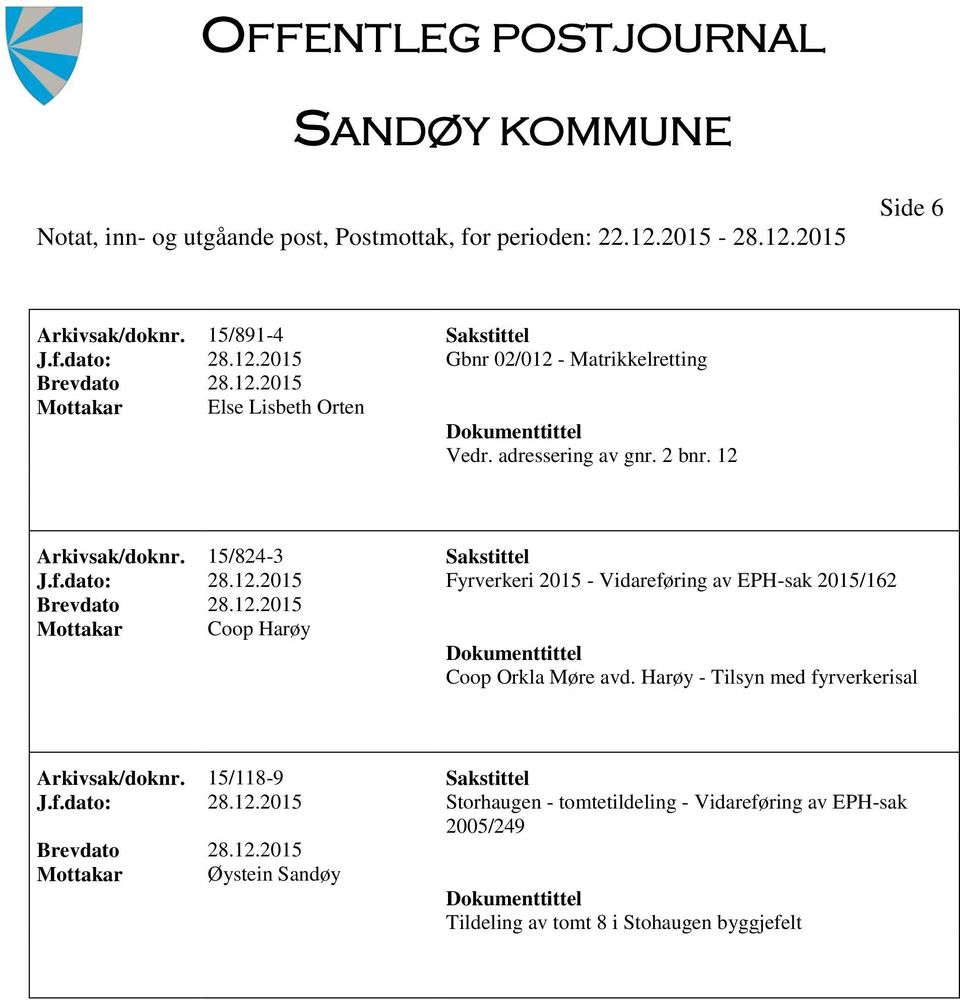 12.2015 Mottakar Coop Harøy Coop Orkla Møre avd. Harøy - Tilsyn med fyrverkerisal Arkivsak/doknr. 15/118-9 Sakstittel J.f.dato: 28.12.2015 Storhaugen - tomtetildeling - Vidareføring av EPH-sak 2005/249 Brevdato 28.