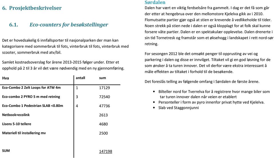 atv/bil. Samlet kostnadsoverslag for årene 2013-2015 følger under. Etter et opphold på 2 til 3 år vil det være nødvendig med en ny gjennomføring.