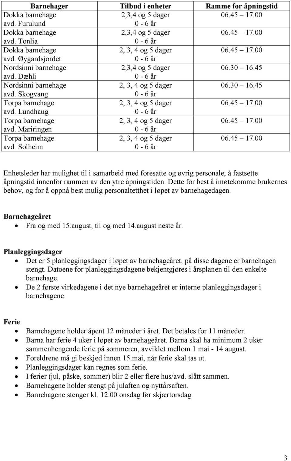 Mariringen Torpa barnehage avd. Solheim Enhetsleder har mulighet til i samarbeid med foresatte og øvrig personale, å fastsette åpningstid innenfor rammen av den ytre åpningstiden.