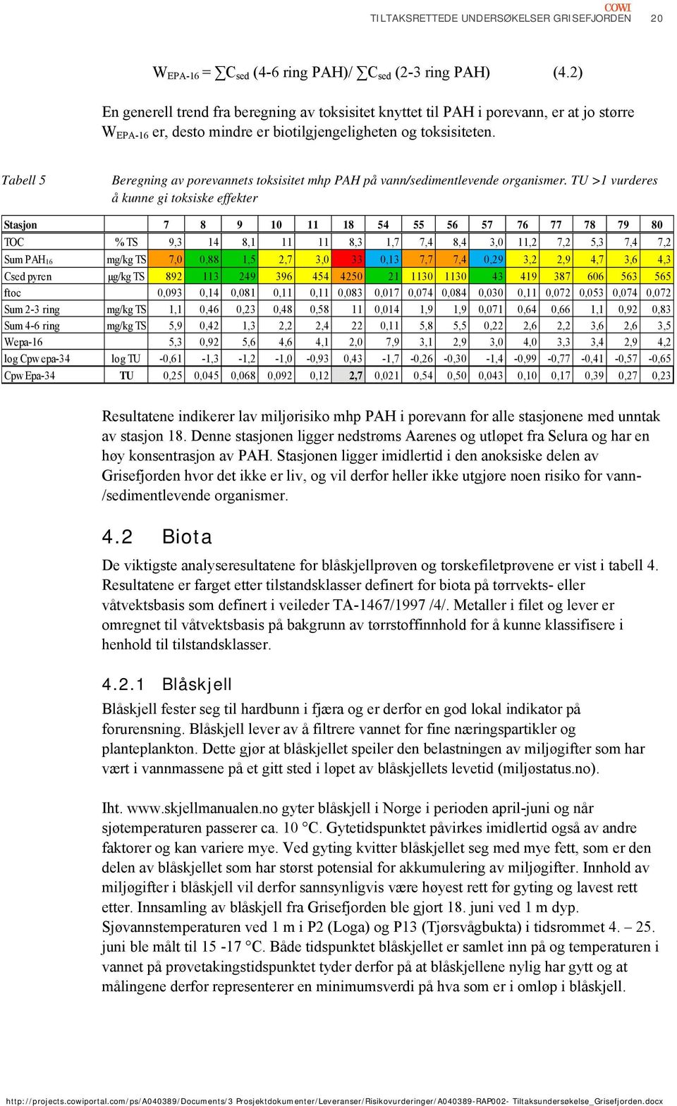 Tabell 5 Beregning av porevannets toksisitet mhp PAH på vann/sedimentlevende organismer.