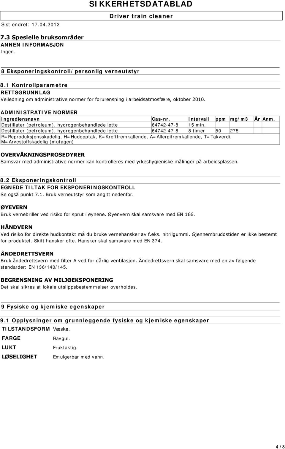 Destillater (petroleum), hydrogenbehandlede lette 64742-47-8 15 min.