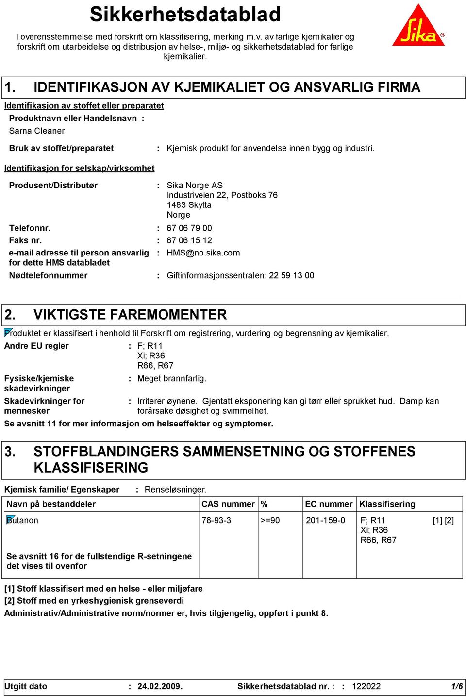 selskap/virksomhet Kjemisk produkt for anvendelse innen bygg og industri. Produsent/Distributør Nødtelefonnummer Sika Norge AS Industriveien 22, Postboks 76 148 Skytta Norge Telefonnr.