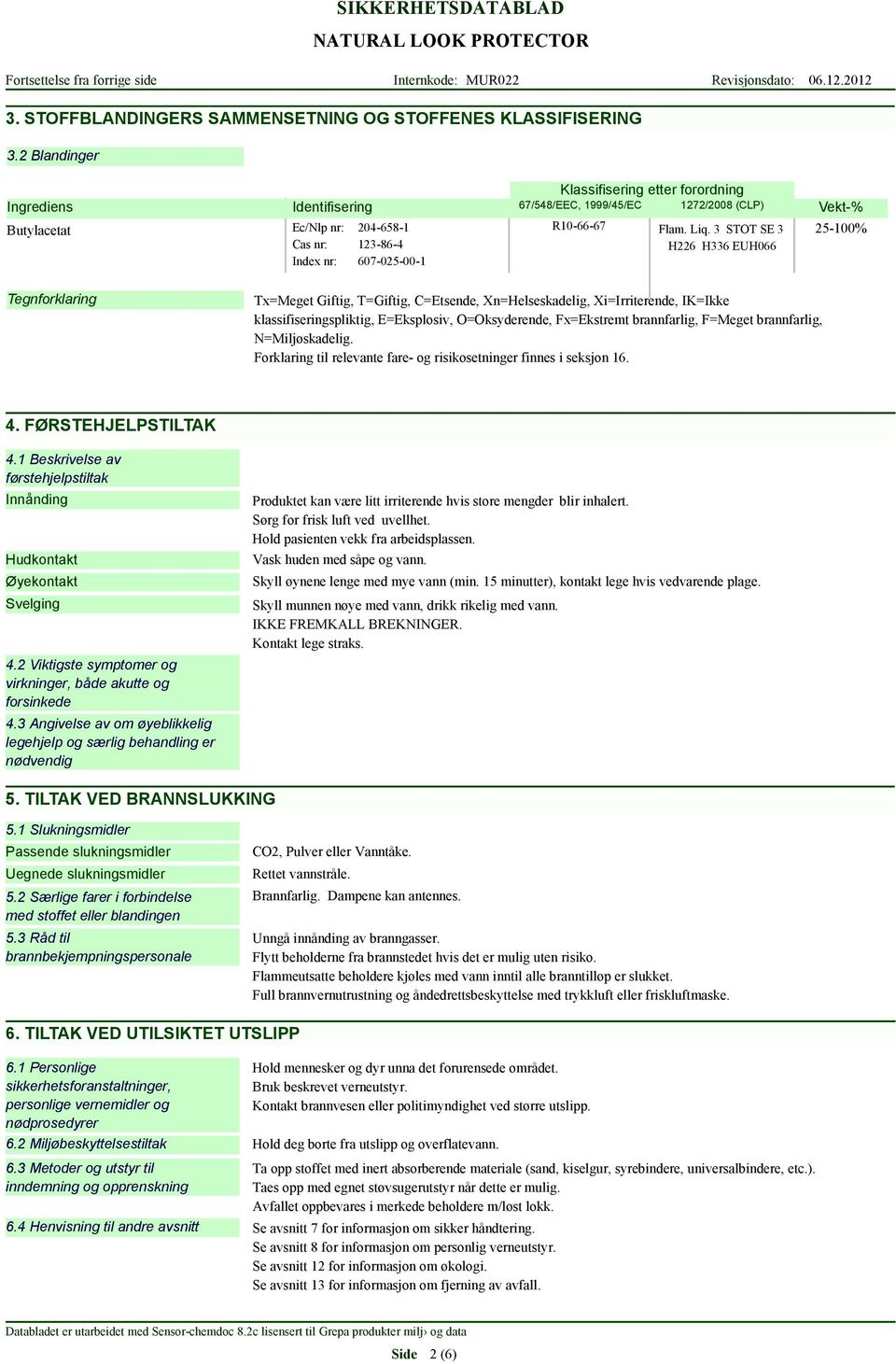3 STOT SE 3 Cas nr: 123-86-4 H226 H336 EUH066 Index nr: 607-025-00-1 Vekt-% 25-100% Tegnforklaring Tx=Meget Giftig, T=Giftig, C=Etsende, Xn=Helseskadelig, Xi=Irriterende, IK=Ikke