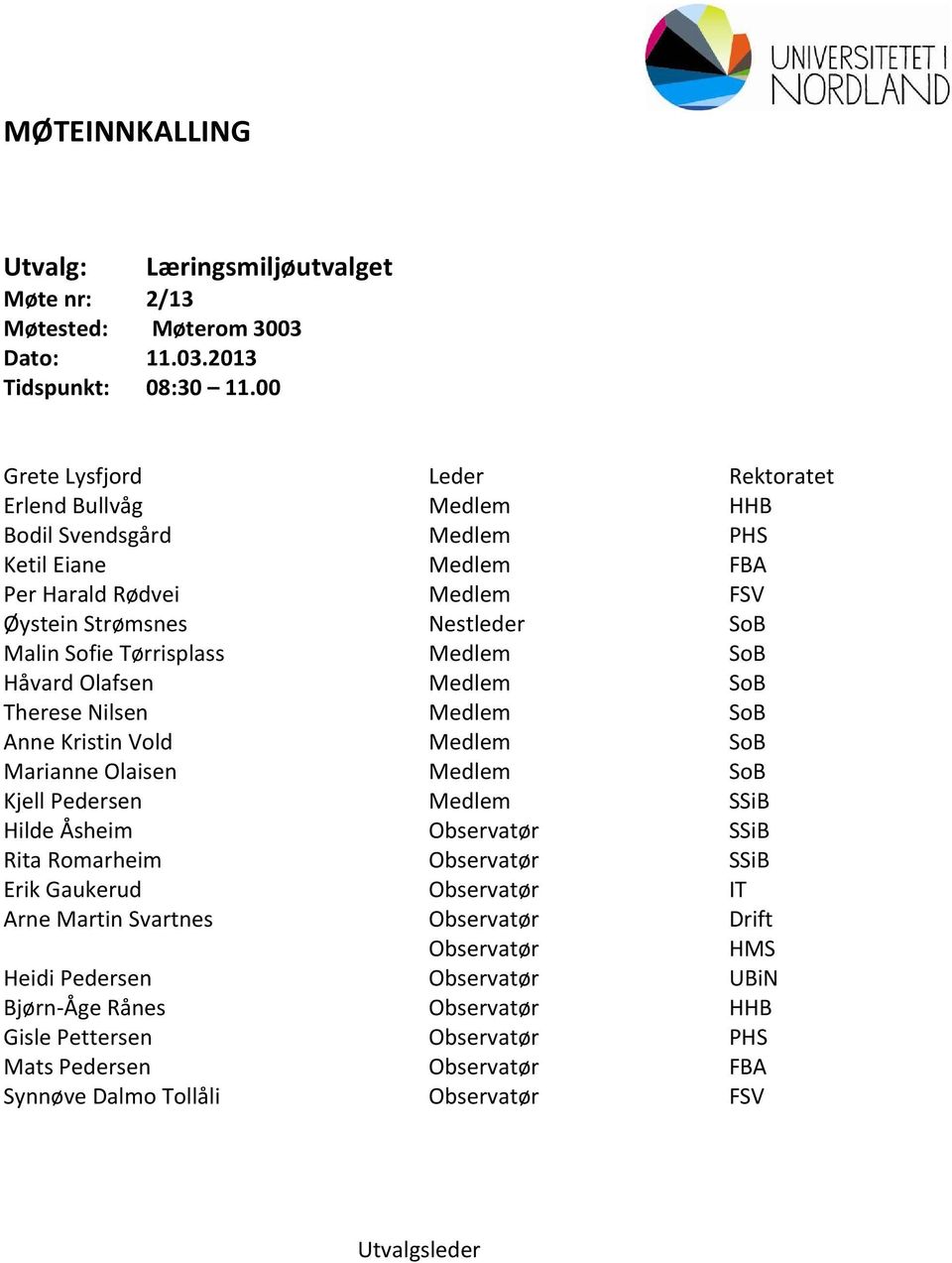 Tørrisplass Medlem SoB Håvard Olafsen Medlem SoB Therese Nilsen Medlem SoB Anne Kristin Vold Medlem SoB Marianne Olaisen Medlem SoB Kjell Pedersen Medlem SSiB Hilde Åsheim Observatør SSiB Rita